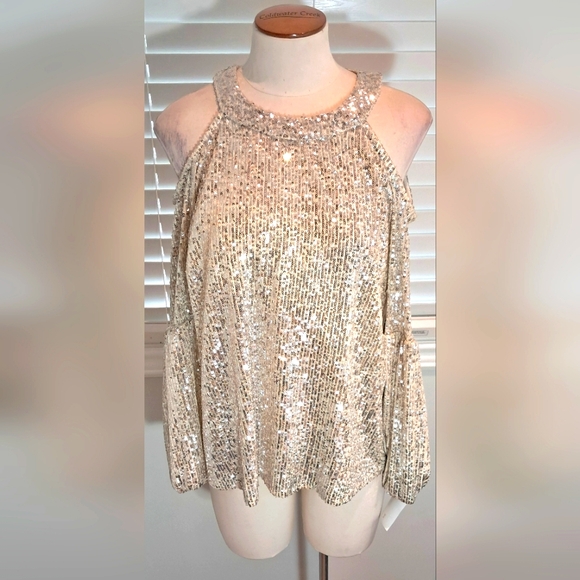 CeCe Champagne Holiday Affair Sequin Shoulerless Top Size L NWT - Picture 1 of 11
